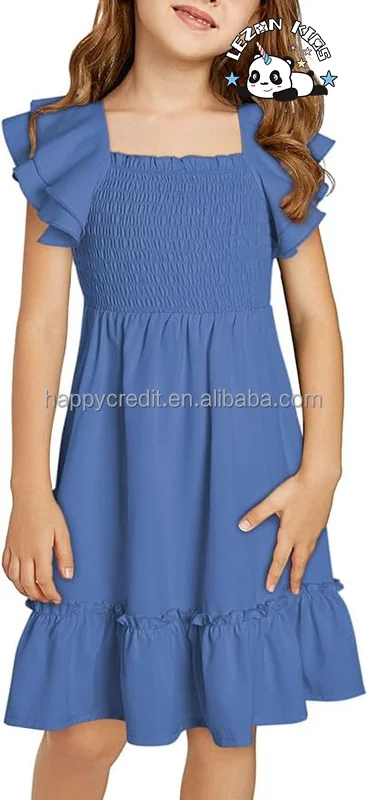 LEZONKIDS - Summer Customize Tween Girls Elegant Ruffle Sleeve Dresses smocked solid color dress for 2-14 Years